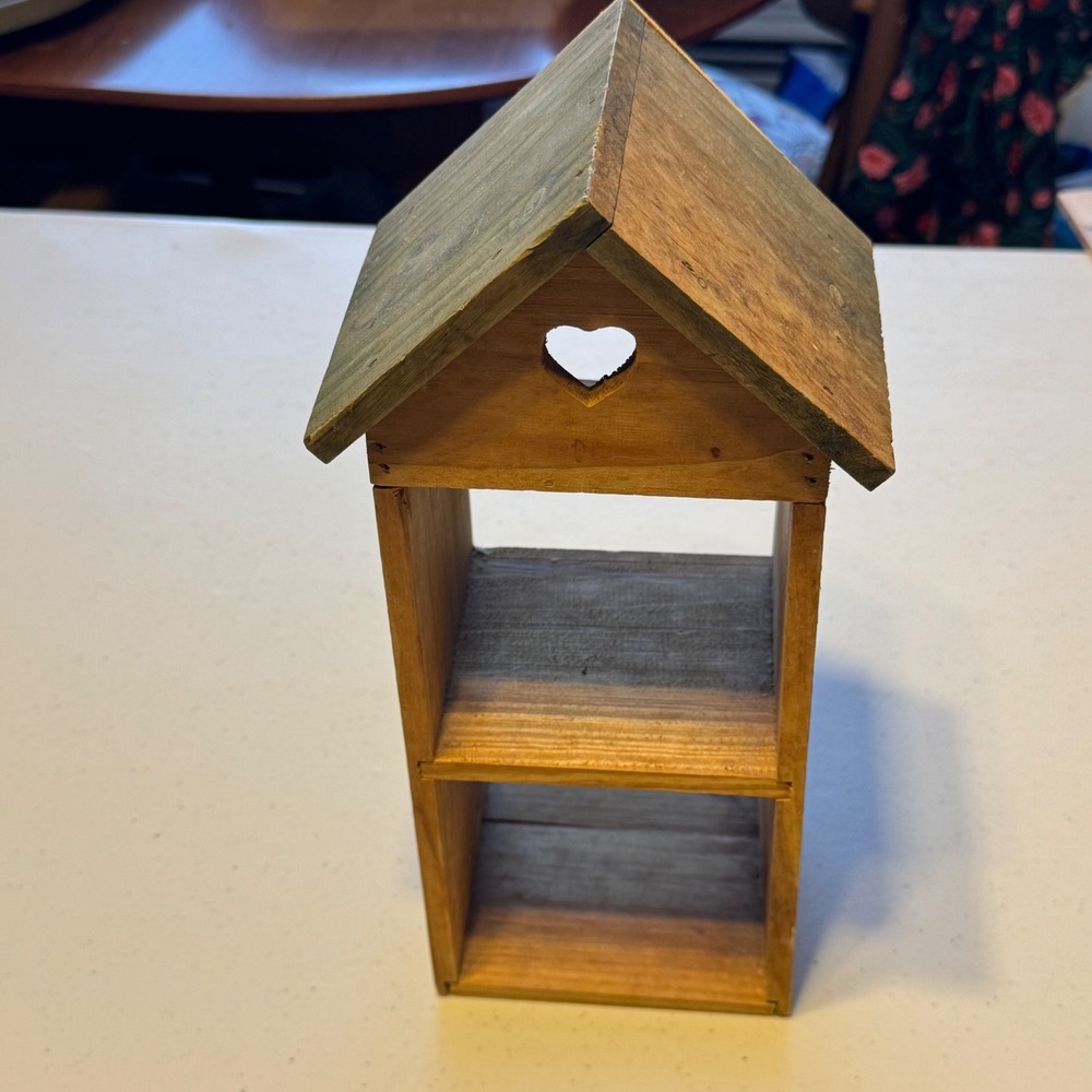 Rustic Farmhouse Wooden Birdhouse Wall Trinket Shelf Small Brown Heart Cutout